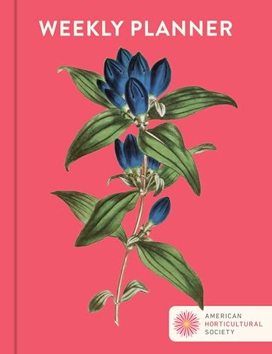 Red weekly planner cover with botanical illustration of blue flowers.