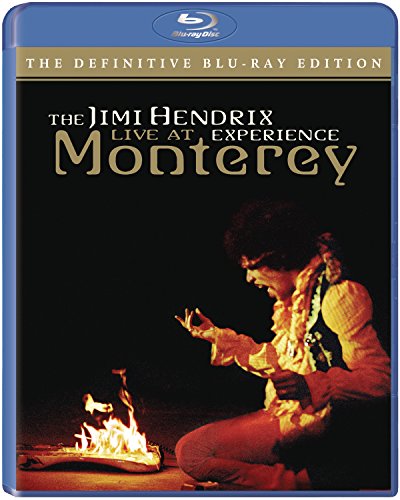 Blu-ray cover featuring Jimi Hendrix kneeling before a burning guitar.