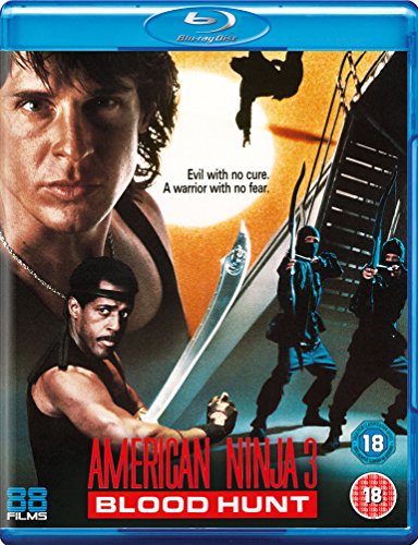 Blu-ray cover for "American Ninja 3: Bloodhunt" featuring a man and ninjas with swords.
