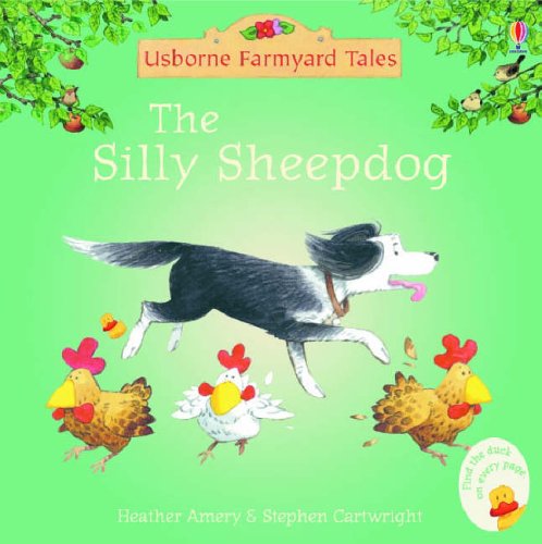 Book cover: black and white sheepdog running, with chickens.