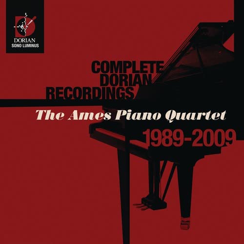 A black grand piano silhouette against a red background with white and black text.