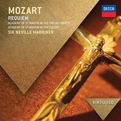 Golden crucifix on brown background with Mozart and artist details in upper left corner.