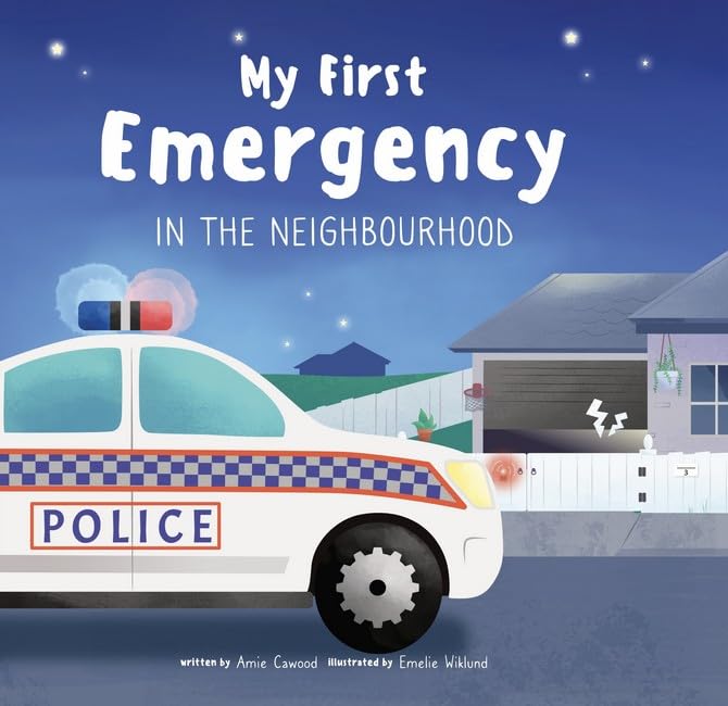 Children’s book cover with a police car and house, titled “My First Emergency.”