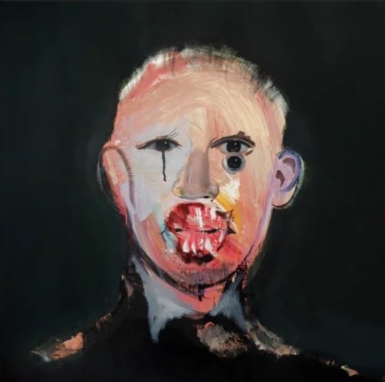 An abstract oil painting of a distorted face with three eyes on a black background.