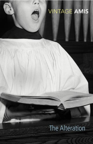 Boy in choir robe singing, open book in hands, black and white.