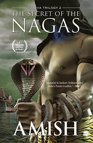 Book cover: man with snake, title “The Secret of the Nagas” by Amish.