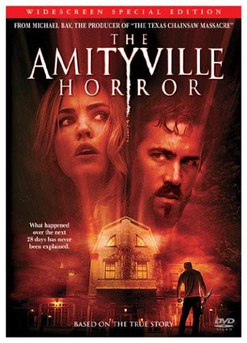 “The Amityville Horror” DVD cover featuring a frightened couple and a haunted house.