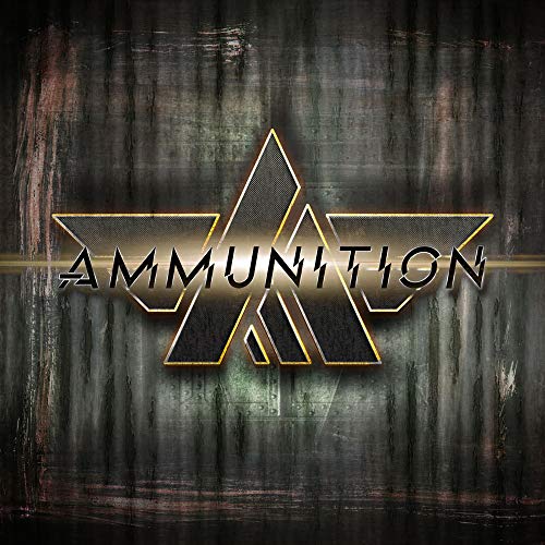 Ammunition logo with a gold outline over a dark, distressed metal background.