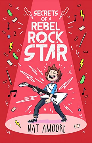 Book cover showing a cartoon boy playing an electric guitar under a red spotlight.