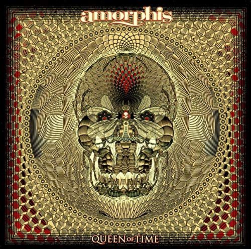 Intricate geometric skull design with gold and red patterns on "Amorphis - Queen Of Time" CD.