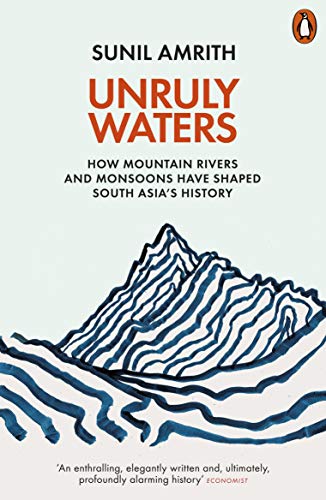 Book cover for Unruly Waters by Sunil Amrith featuring a blue line-art mountain illustration.