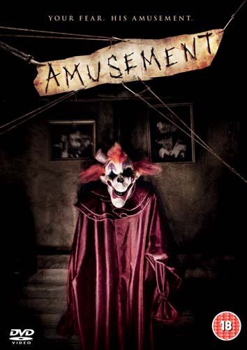 DVD cover for horror film “Amusement” featuring a menacing clown figure.