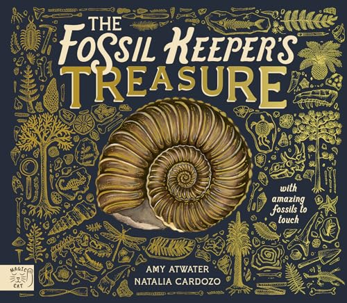 Book cover featuring a large ammonite fossil surrounded by gold-colored illustrations of prehistoric items.