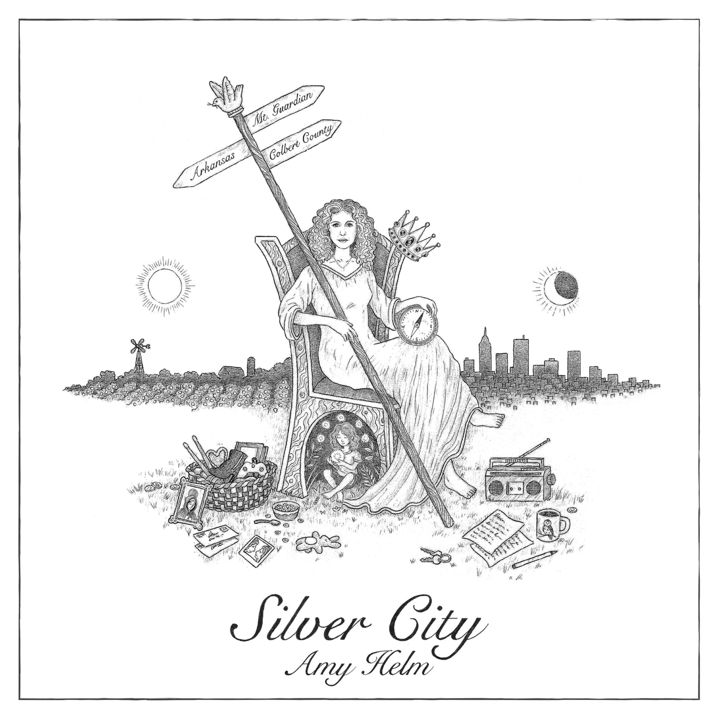 Black and white illustration of a woman with a city skyline.