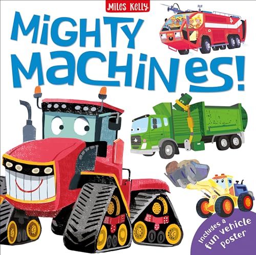 Colorful illustrated children’s book cover featuring cartoon construction vehicles.