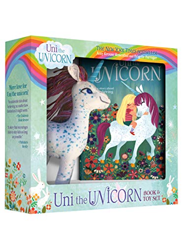 Book and plush unicorn toy set, featuring a white unicorn with rainbow mane.