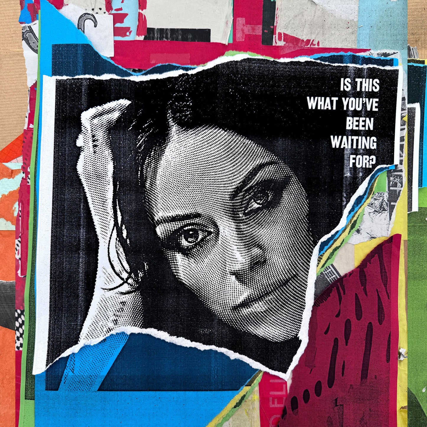 Black and white halftone portrait of Amy Macdonald on a torn, colorful collage background.