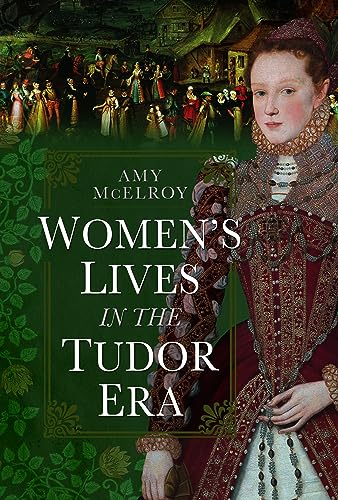 Book cover: Tudor-era woman in ornate dress, historical scene backdrop.