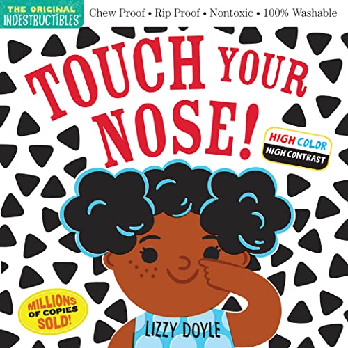 Baby book cover with a child touching their nose, black and white pattern.