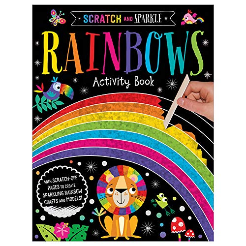 A hand uses a wooden stylus to scratch a rainbow design on a black page.