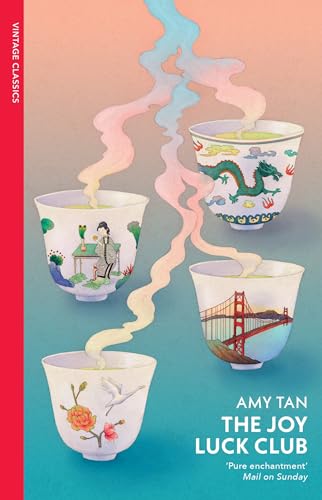 Book cover: "The Joy Luck Club" by Amy Tan, featuring teacups and landmarks.