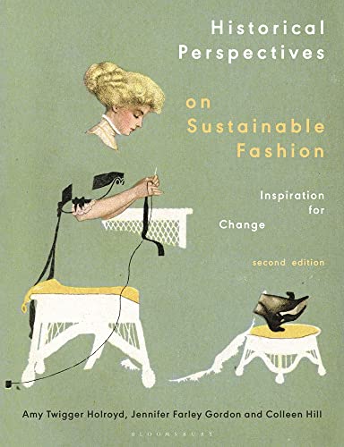 Book cover with an illustration of a woman sewing on a green background.