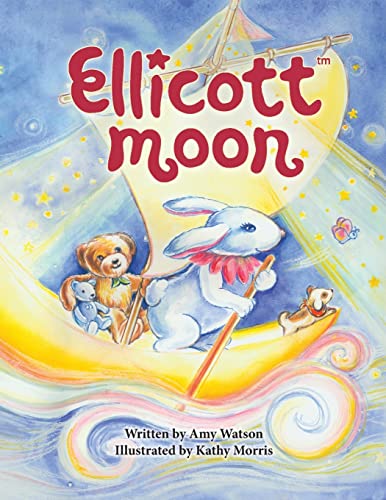 Book cover: rabbit steers a crescent moon boat with teddy bears.