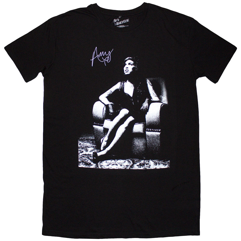 Black t-shirt with a white graphic of Amy Winehouse sitting in a chair.