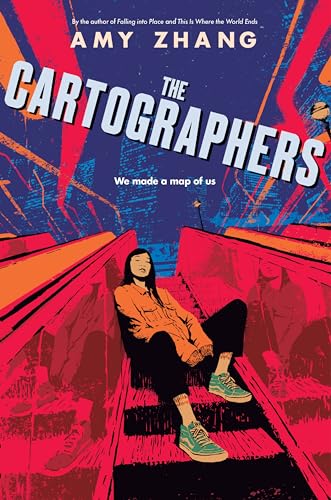Book cover: woman on stairs with illustrated map design, titled "The Cartographers.