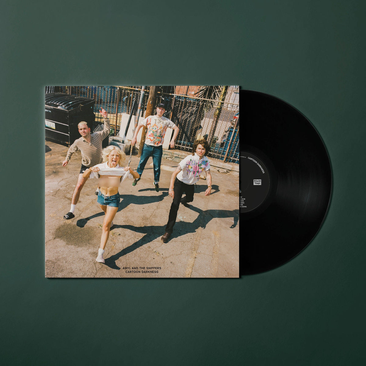 Amyl and the Sniffers Cartoon Darkness vinyl record cover and black vinyl disc.