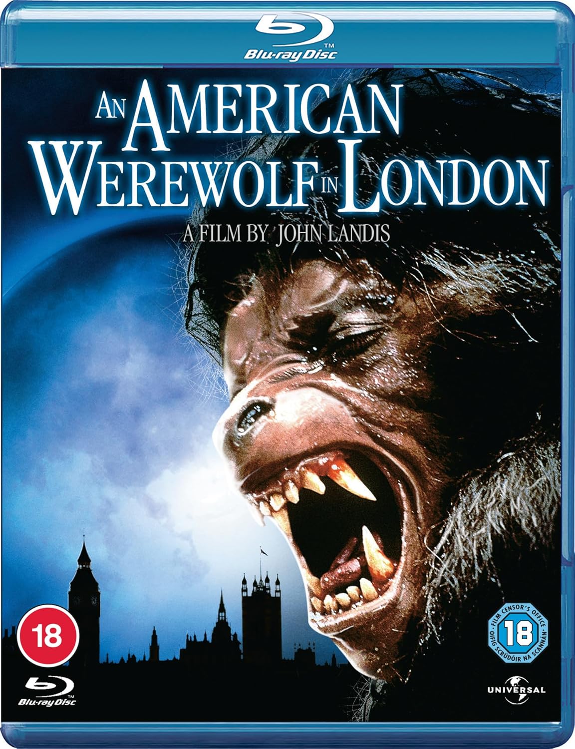 Blu-ray cover for "An American Werewolf in London" featuring a werewolf’s face.