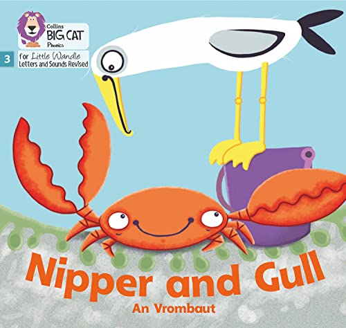 A seagull stands on a purple bucket looking down at a smiling orange crab.