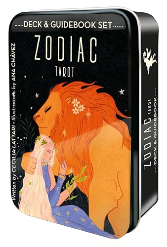 Silver tin containing Zodiac Tarot deck with lion and woman illustration.