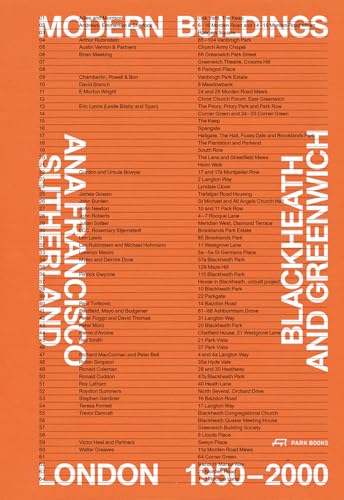 Book cover listing modern buildings in Blackheath and Greenwich, London, 1950–2000.