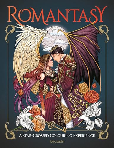 Cover of “Romantasy” colouring book featuring a couple with wings and roses.