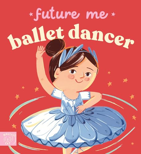 A young ballet dancer in a blue tutu poses against a red background.