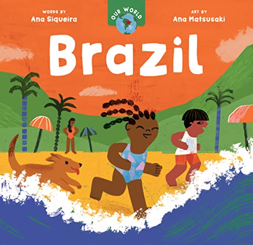 Children and a dog playing on a Brazilian beach under a large orange sun.