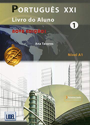 A textbook with a Portuguese cover and audio download code for language learners.