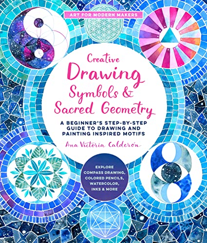 Book cover with blue mosaic background featuring sacred geometry symbols and watercolor illustrations.
