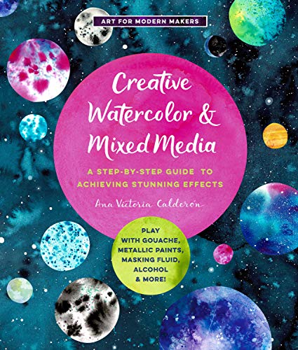 Book cover with watercolor planets and title "Creative Watercolor & Mixed Media".