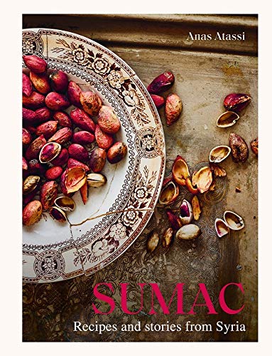 Cookbook cover with pistachios on a patterned plate, title “Sumac”.