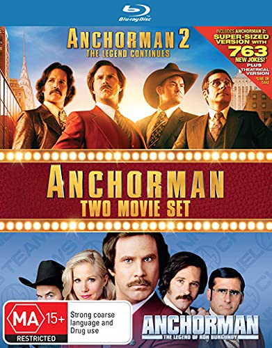 Blu-ray cover for "Anchorman 1 & 2" featuring cast photos and marquee text.