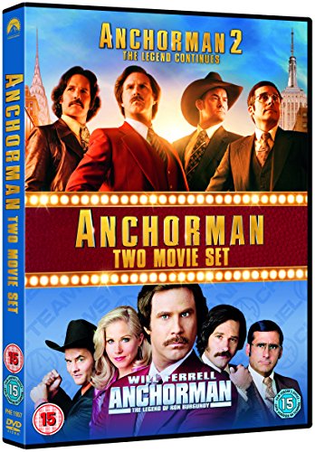 DVD cover featuring the casts of Anchorman and Anchorman 2 with movie titles displayed.