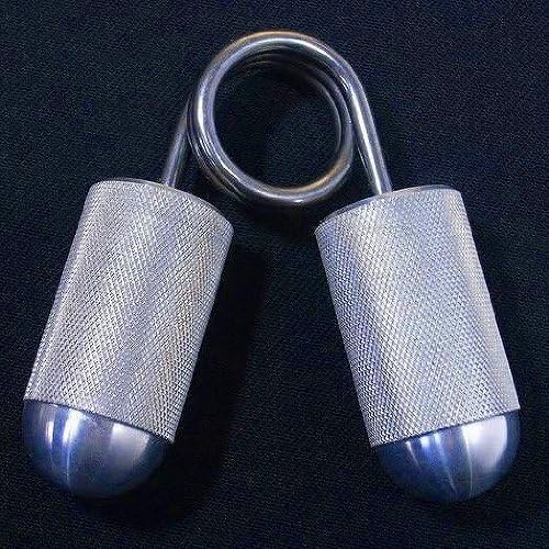 Silver hand exerciser with textured grips and a spring mechanism.