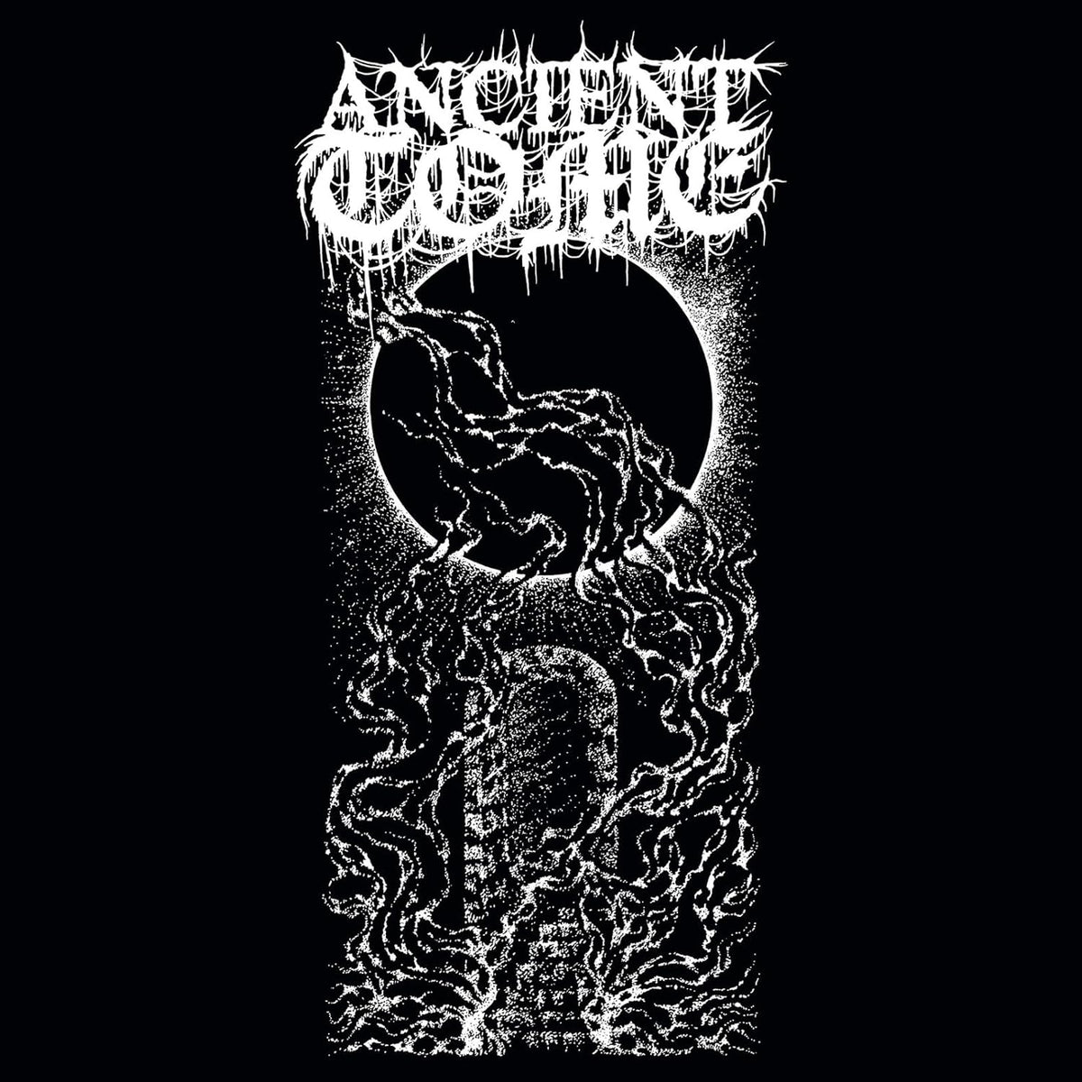 Black and white illustration of a dark moon behind a stone archway with vines.