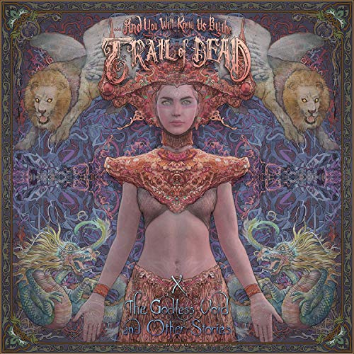 "Album cover art featuring a woman surrounded by lions, dragons, and ornate details."