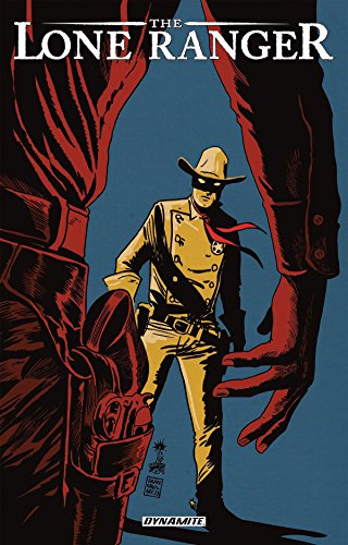 The Lone Ranger in a tan uniform stands between two large red hands.