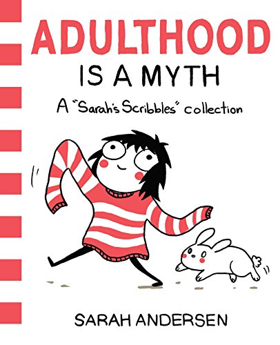 Book cover with cartoon girl and rabbit, titled "Adulthood Is a Myth.