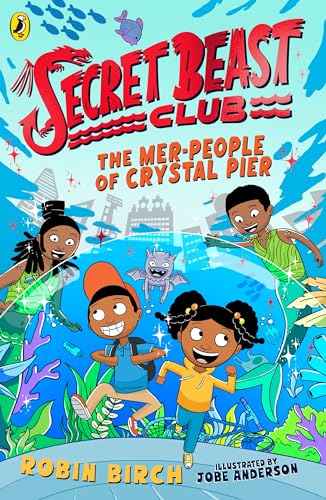 Book cover with children, mermaids, and a monster in a blue underwater scene.