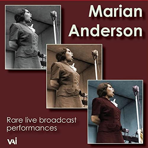 Marian Anderson singing into a microphone, CD cover art, vintage photos.